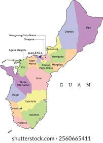 Guam territory administrative map with villages. Colored. Vectored. Bright colors