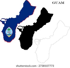 Guam Territory Maps Bundle with National Flag, Black Silhouette and Detailed Outline Contours