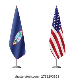 Guam and United States flags on flagpoles for official ceremonies and meetings, transparent background vector
