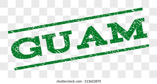 Guam watermark stamp. Text caption between parallel lines with grunge design style. Rubber seal stamp with unclean texture. Vector green color ink imprint on a chess transparent background.