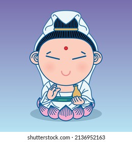 Guan yin. Chinese of god, goddess of mercy, Cute Cartoon character vector illustration