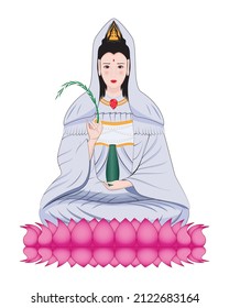 Guan Yin or Kuan Yin in traditional Chinese or Kannon in Japanese or Kuan Im in Thai - Buddhist bodhisattva sitting on pink lotus flower blessing by Holy water or blessed water drawing in vector