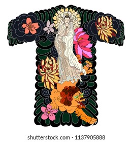 Guan Yin women god of Buddhism with cherry blossom design for traditional tattoo.Chinese god with chrysanthemum flower and marigold flower tattoo design.
