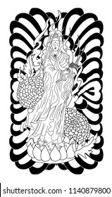 Guan Yin women god of Buddhism with cherry blossom design for traditional tattoo.Chinese god with chrysanthemum flower and marigold flower tattoo design.