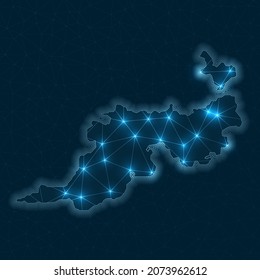 Guana Island Netzwerkkarte. Abstrakte geometrische Karte der Insel. Digitale Verbindungen und Telekommunikationsdesign. Glühendes Internet-Netzwerk. Schöne Vektorgrafik.