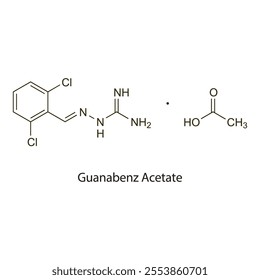 Guanabenz Acetate flat skeletal molecular structure Alpha-2 Agonist drug used in hypertension treatment. Vector illustration scientific diagram.