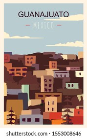 Guanajuato retro poster. Guanajuato travel illustration. States of Mexico greeting card. 