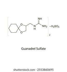 Guanethidine flat skeletal molecular structure ganglion blocker drug used in hypertension treatment. Vector illustration scientific diagram.