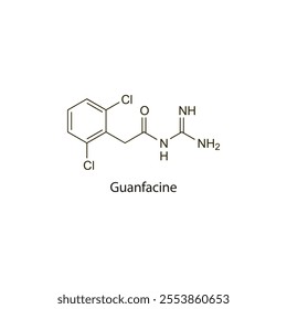 Guanfacine flat skeletal molecular structure Alpha-2 Agonist drug used in hypertension treatment. Vector illustration scientific diagram.