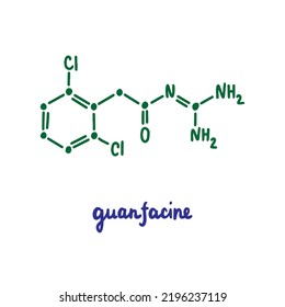 Guanfacine hand drawn vector formula chemical structure lettering blue green attention disorder problems