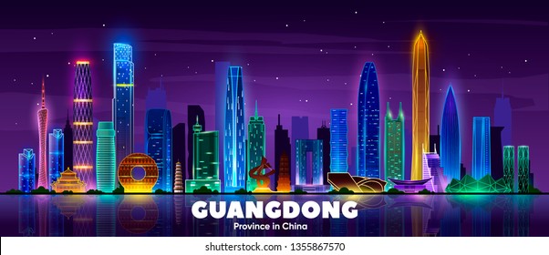 Guangdong china. Vector night skyline.