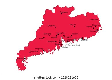 Guangdong map with major cities and urban agglomerations region of China vector illustration
