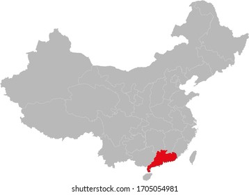 Guangdong province highlighted on china map. Gray background.