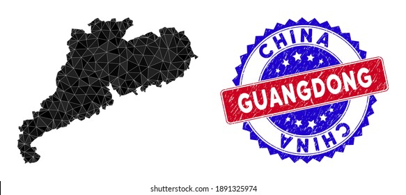 Guangdong Province map polygonal mesh with filled triangles, and rubber bicolor stamp imitation. Triangle mosaic Guangdong Province map with mesh vector model, triangles have different sizes,