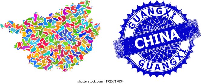 Extracción del mapa de la provincia de Guangxi. Mapa de collage de salpicaduras y sello raspado para la provincia de Guangxi. Sello azul rosetón nítido con leyenda para el mapa de la provincia de Guangxi.