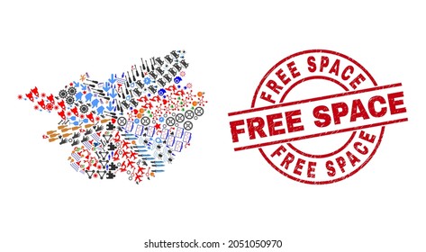 Guangxi Province map mosaic and unclean Free Space red round seal. Free Space seal uses vector lines and arcs. Guangxi Province map mosaic contains gears, homes, lamps, bugs, wine glasses,