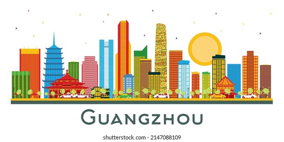 Guangzhou China City Skyline with Color Buildings Isolated on White. Vector Illustration. Business Travel and Tourism Concept with Modern Architecture. Guangzhou Cityscape with Landmarks.