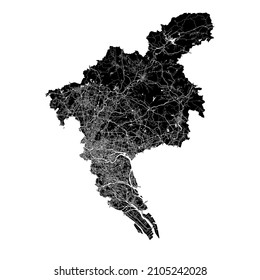 Guangzhou, China, high resolution vector map with city boundaries, and editable paths. The city map was drawn with white areas and lines for main roads, side roads and watercourses on a black