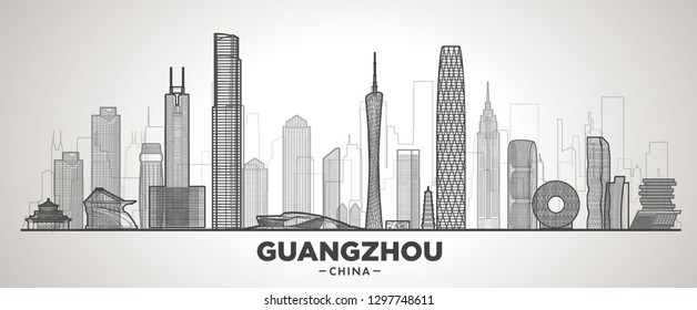 Guangzhou China line skyline with panorama in sky background. Vector Illustration. Business travel and tourism concept with modern buildings. Image for banner or web site.
