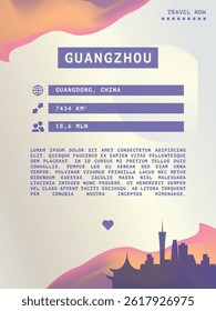 Guangzhou, China vector infographics, brochure layout. Guide, leaflet, flyer, advertising graphic template with text, information, city skyline shape. Page, festival, cover mock up image