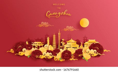 Guangzhou, China world famous landmark in gold and red background. Paper cut vector illustration.