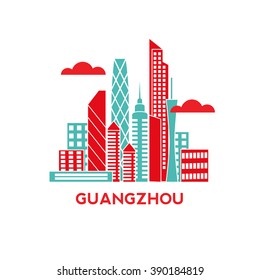 Guangzhou city architecture retro vector illustration, skyline city silhouette, skyscraper, flat design