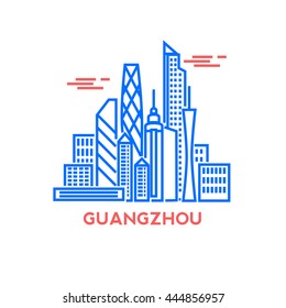 Guangzhou city architecture retro vector illustration, skyline city silhouette, skyscraper, stroke design