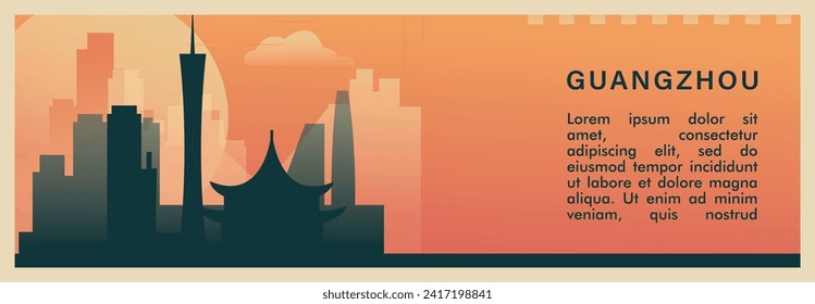 Banner vectorial del brutalismo de la ciudad de Guangzhou con horizonte, paisaje urbano. Ilustración horizontal retro metropolitana de China, diseño de viaje de estilo antiguo para presentación web, encabezado y pie de página