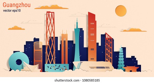 Guangzhou city colorful paper cut style, vector stock illustration. Cityscape with all famous buildings. Skyline Guangzhou city composition for design 