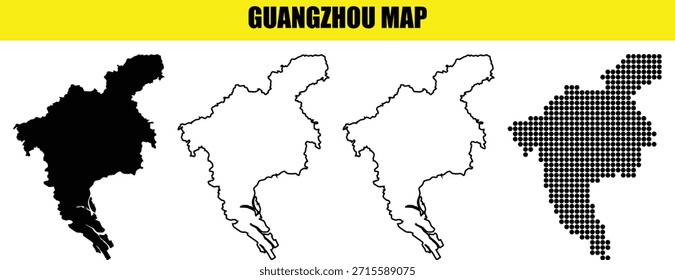 Mapa de la ciudad de Guangzhou representaciones de relleno negro contorno de relleno blanco y mapa punteado que muestra las Formas geográficas Ilustraciones vectoriales Ubicaciones del país de China