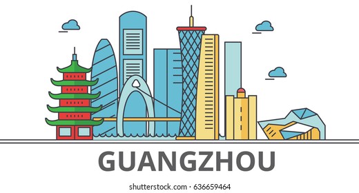 Guangzhou city skyline. Buildings, streets, silhouette, architecture, landscape, panorama, landmarks. Editable strokes. Flat design line vector illustration concept. Isolated icons on white background