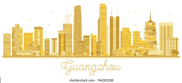 Guangzhou City skyline golden silhouette. Vector illustration. Simple flat concept for tourism presentation, banner, placard or web site. Business travel concept. Cityscape with landmarks.