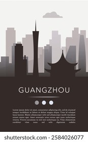 Guangzhou city template for website, presentation, front page, invitation, publication sheet with skyline, landmarks. Vector China image layout, simple and grayscale