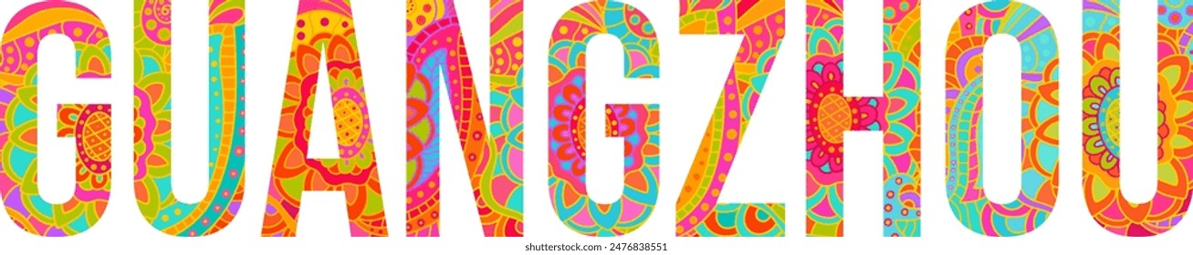 Guangzhou creative city name text with colorful hand drawn doodle pattern. 