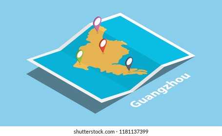 guangzhou explore maps location with folded map and pin location maker destination in isometric style