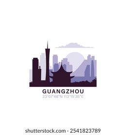 Guangzhou logo with skyline, cityscape retro vector icon. China city horizon, facade, travel logotype