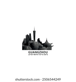 Guangzhou panorama, vector badge, skyline logo and icon. China metropolitan city horizon logotype with landmarks and building silhouettes. Isolated foggy abstract gradient graphic