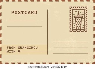 Do modelo de cartão postal de Guangzhou. Ilustração de cartão postal estilo vintage grungy vetor com selo, arranha-céu, marco, mensagem. Layout de imagem simples de saudações simples