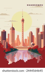 Guangzhou retro city poster with abstract shapes of skyline, buildings. Vintage China, Guangdong province metropolitan  travel vector illustration