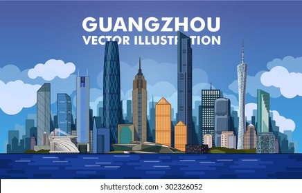 Guangzhou skyline detailed silhouette. Trendy vector illustration, line art style.. flat vector illustration.  China 
