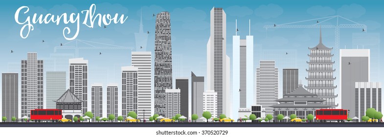 Guangzhou Skyline with Gray Buildings and Blue Sky. Vector Illustration. Business Travel and Tourism Concept with Modern Buildings. Image for Presentation Banner Placard and Web Site.