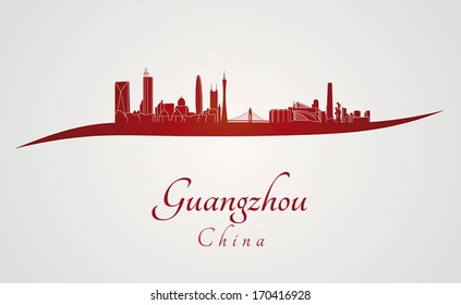 Guangzhou skyline in red and gray background in editable vector file
