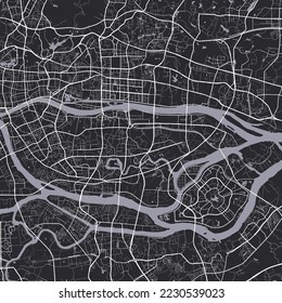 Guangzhou vector map. Detailed vector map of Guangzhou city administrative area. Cityscape poster metropolitan aria view. Black land with white roads and avenues. White background.