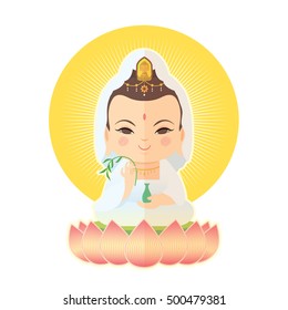 Guanyin (goddess of mercy) isolated on white background. Chinese goddess vector illustration.