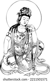 Guanyin sitting line draft drawing. Avalokitesvara Bodhisattva