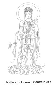 Guanyin sitting line draft drawing. Avalokitesvara Bodhisattva.indian god,china god