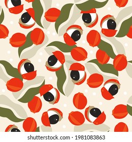 Guarana seeds, berry. Amazon fruit. Seamless vector pattern. Surface design for print, wrapping paper. Brazilian fruit. Illustration 