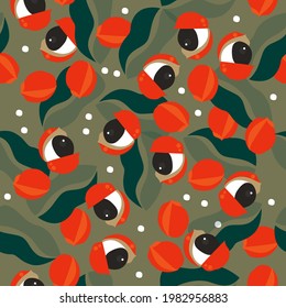 Guarana seeds, berry. Amazon fruit. Seamless vector pattern. Surface design for print, wrapping paper. Brazilian fruit. Illustration 