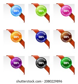 Guarantee 100 % Satisfaction emblem. Blue, purple, orange, brown, black, pink, green corners. Vector illustration. Set of colored labels.
