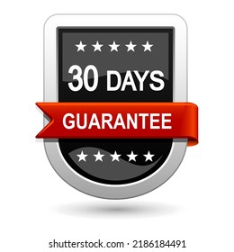 Guarantee 30 days satisfaction label. Vector illustration. Black guarantee badge with red banner.